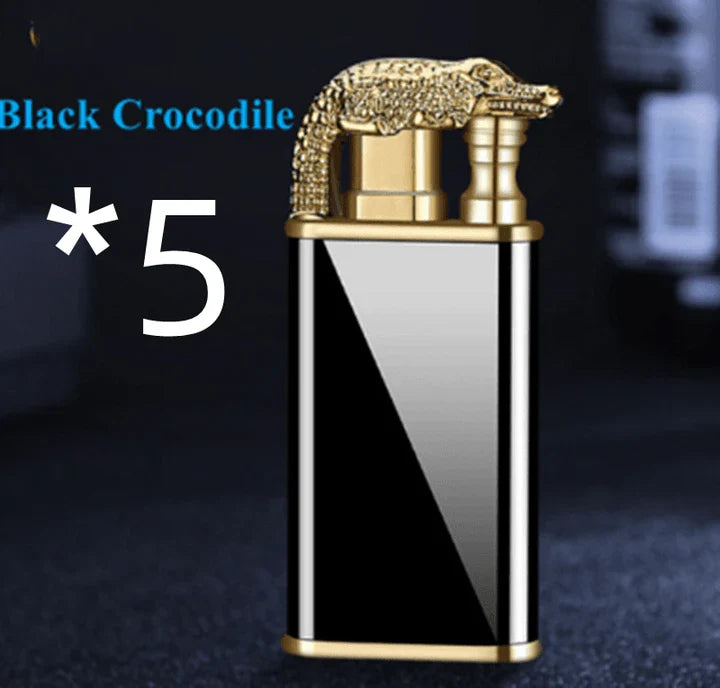 Multipurpose windproof lighter with a dragon or dolphin design, featuring a dual-flame and wind-resistant construction for versatile use.