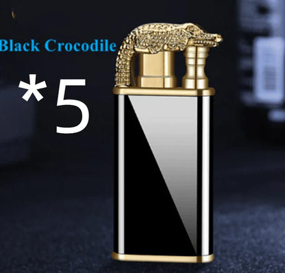 Multipurpose windproof lighter with a dragon or dolphin design, featuring a dual-flame and wind-resistant construction for versatile use.