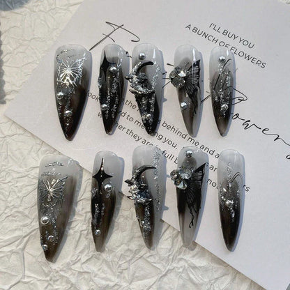 Meticulously crafted Gothic Dark Punk Butterfly Press-On Nails with intricate metal liquid butterfly designs