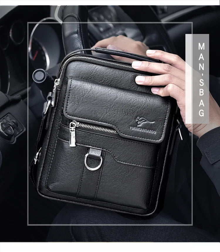 Fashionable casual men's Korean-style satchel bag made of premium PU leather with multiple compartments and adjustable strap