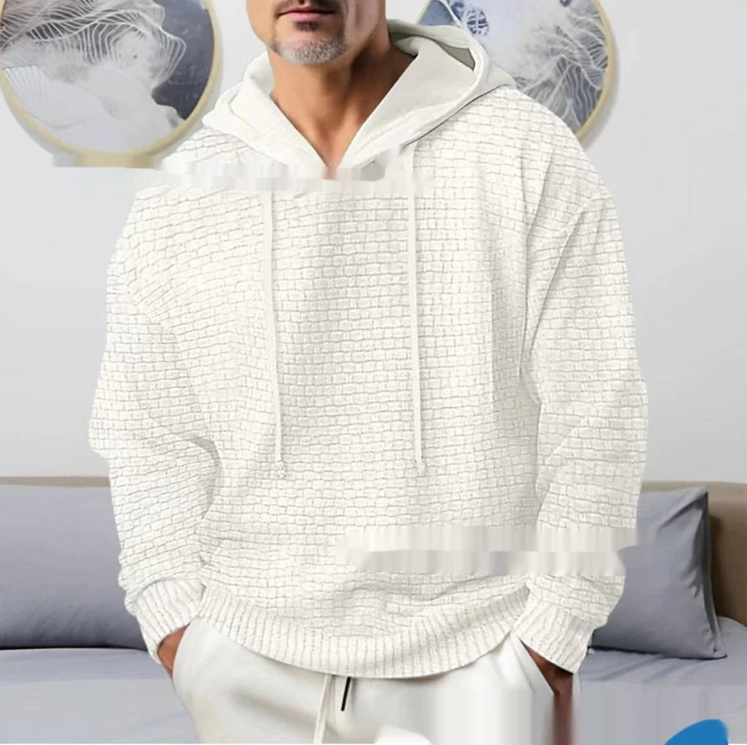 Cozy hooded jacquard sweater for modern American men, available in multiple color options and sizes