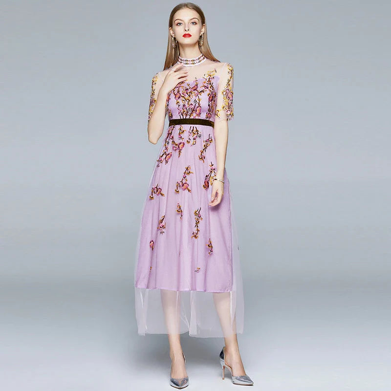 Hhomeenjoy Elegant Embroidered Mesh Dress with Chic French-Inspired Long Skirt