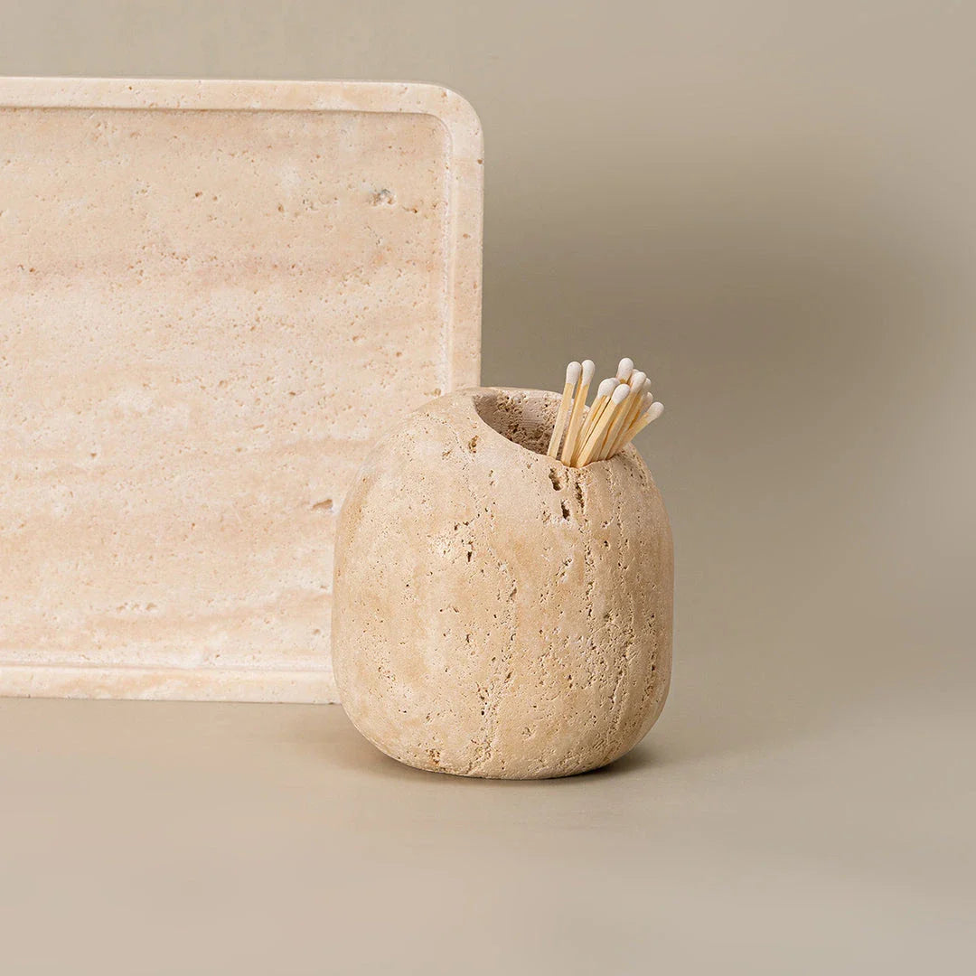 Elegant beige travertine stone match holder and toothpick jar with vintage design, perfect for home decor