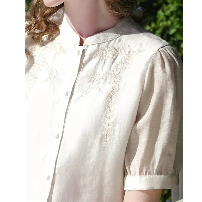 Elegant puff sleeve Chinese-inspired silk blend blouse with sophisticated design