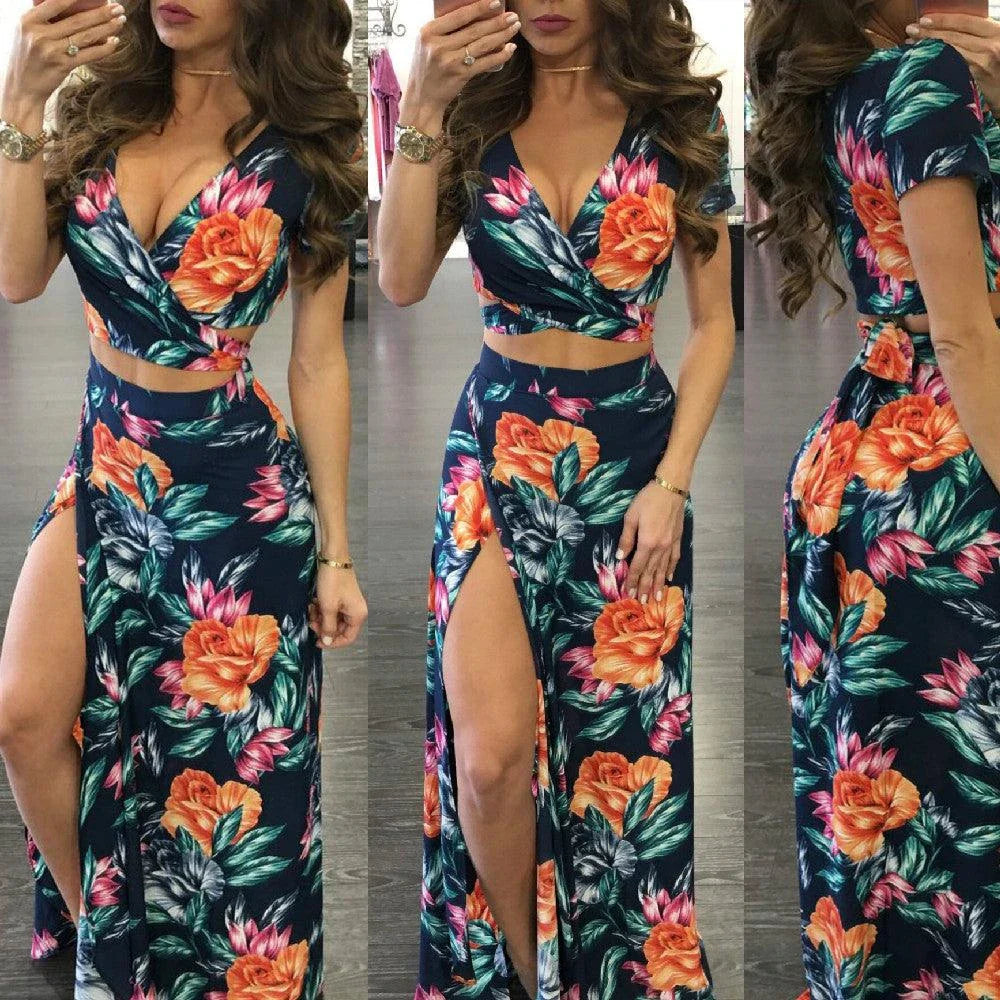 Elegant women's two-piece dress set featuring a floral print design in a variety of sizes