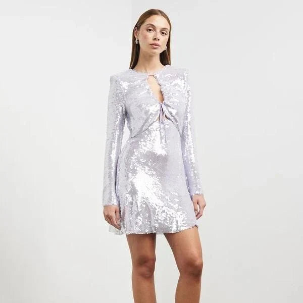 Glamorous purple sequin mini dress with O-neck neckline and long sleeves for a stylish and comfortable cocktail party look