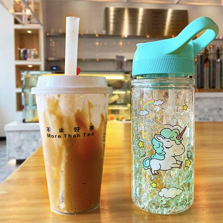 A reusable water bottle with a vibrant unicorn print design and dual straw feature, perfect for on-the-go hydration and adding a touch of whimsy to your day.