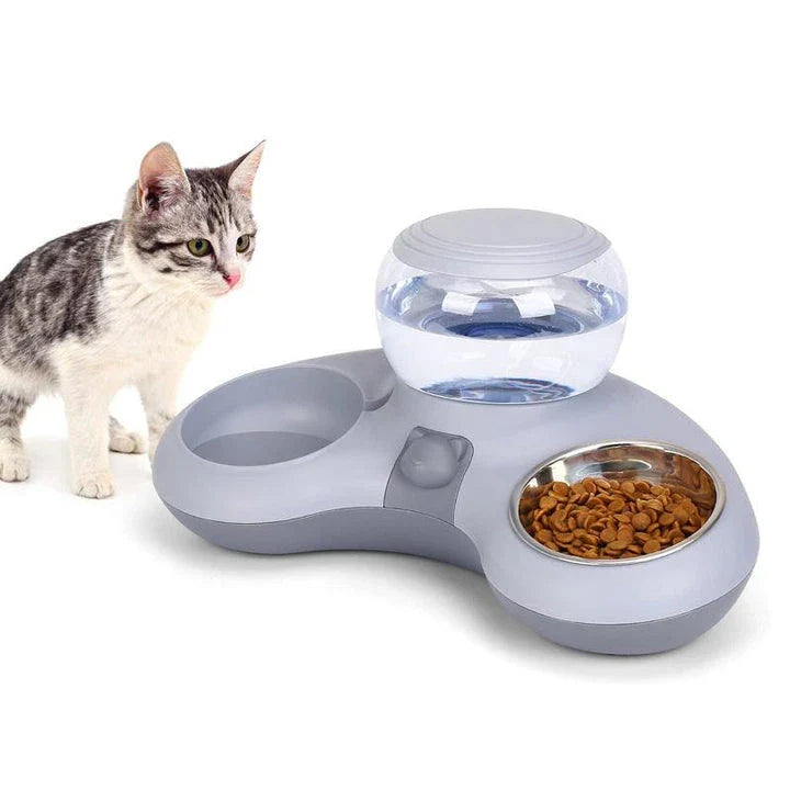 Automatic Pet Water Dispenser & Elevated Dual Cat Bowls - Gravity-fed water dispenser and tilted, elevated bowls for convenient and comfortable pet feeding