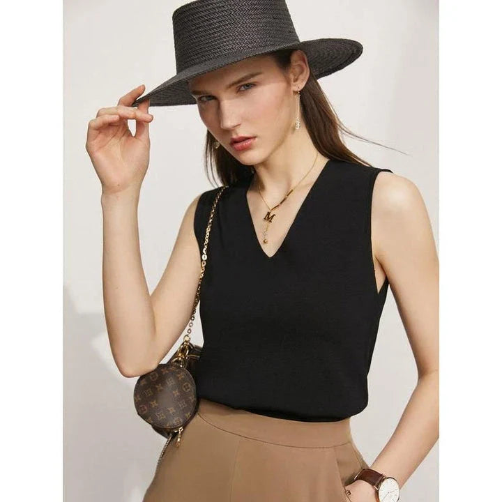 Minimalist V-Neck Tank Top in yellow, showcasing the elegant hyperbola neckline and versatile design for office and casual wear.