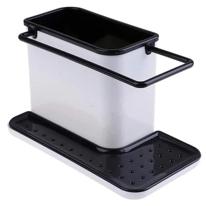 Multifunctional sink organizer with storage compartments, drying rail, and drip tray for a tidy kitchen countertop