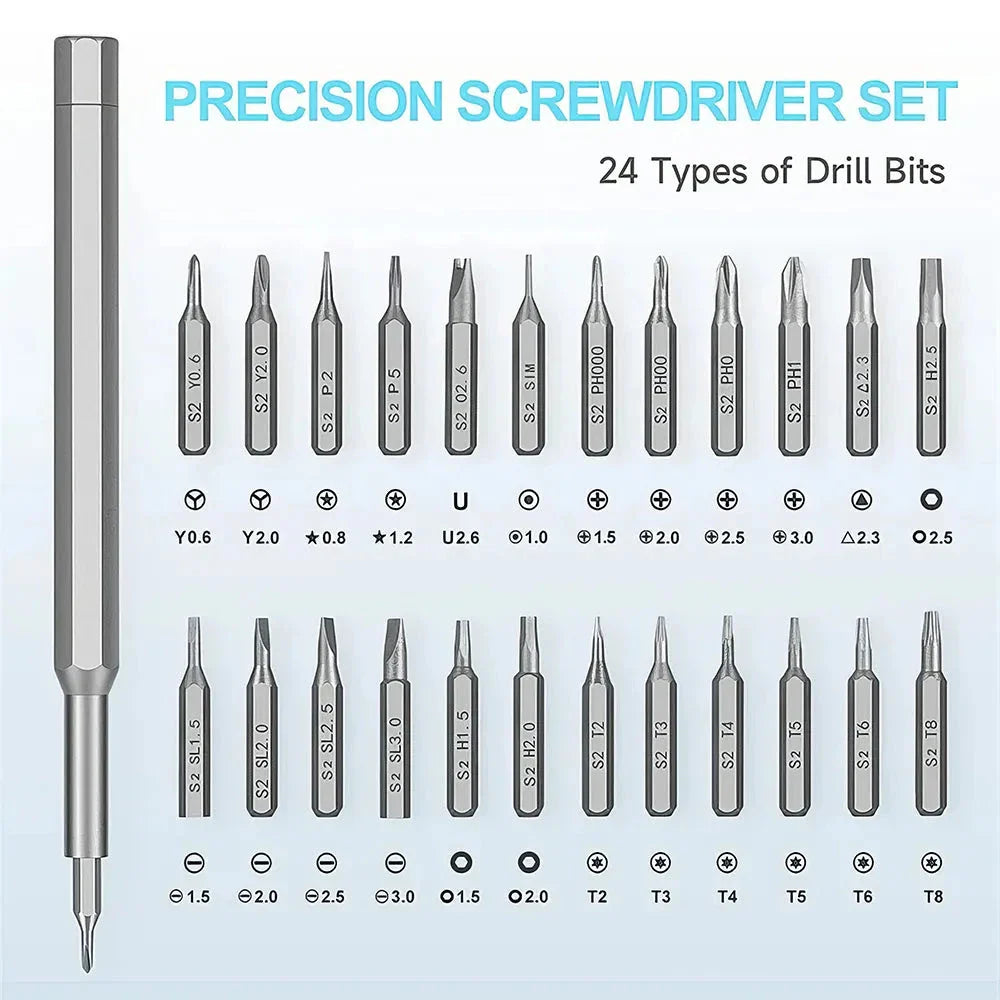 A 24-in-1 magnetic precision screwdriver set with an ergonomic handle and 24 hardened S2 tool steel bits for versatile DIY repairs