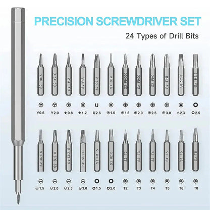 A 24-in-1 magnetic precision screwdriver set with an ergonomic handle and 24 hardened S2 tool steel bits for versatile DIY repairs