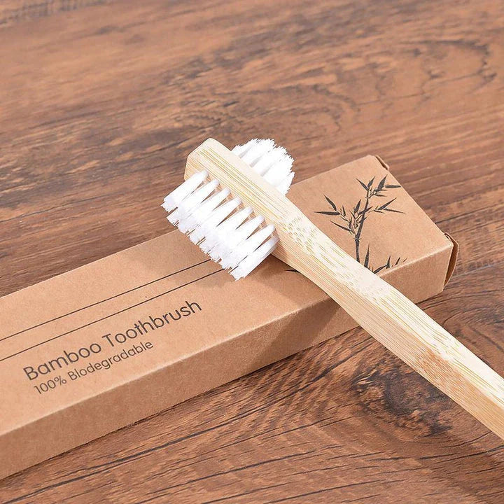 Premium Bamboo Denture Cleaning Brush with advanced DuPont bristles for effective plaque removal and a sparkling clean denture