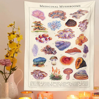 Botanical mushroom tapestry wall hanging with vibrant floral prints and educational mushroom illustrations