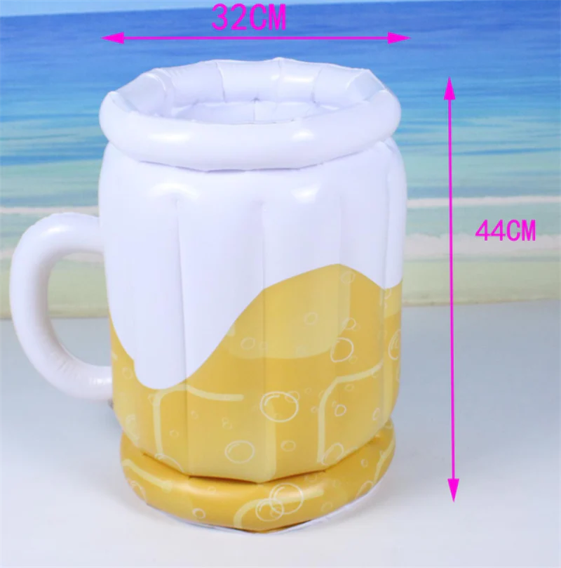 Oversized inflatable beer mug-shaped pool float with built-in cup holder for keeping drinks chilled and secure