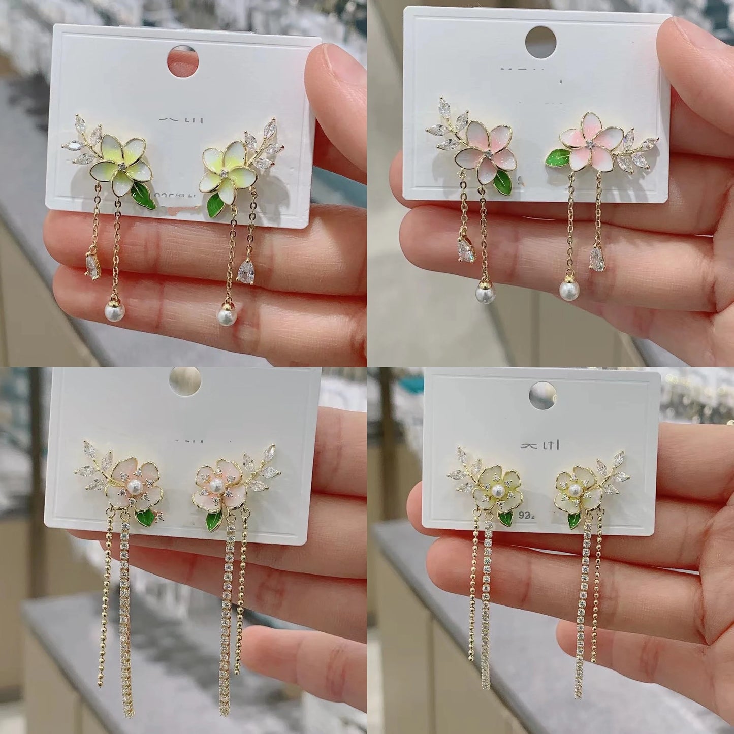 Elegant floral zircon and pearl tassel earrings in gold and silver tones