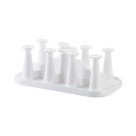 Flower-shaped mug holder rack in white, with 8 slots for organizing and displaying mugs on a kitchen countertop