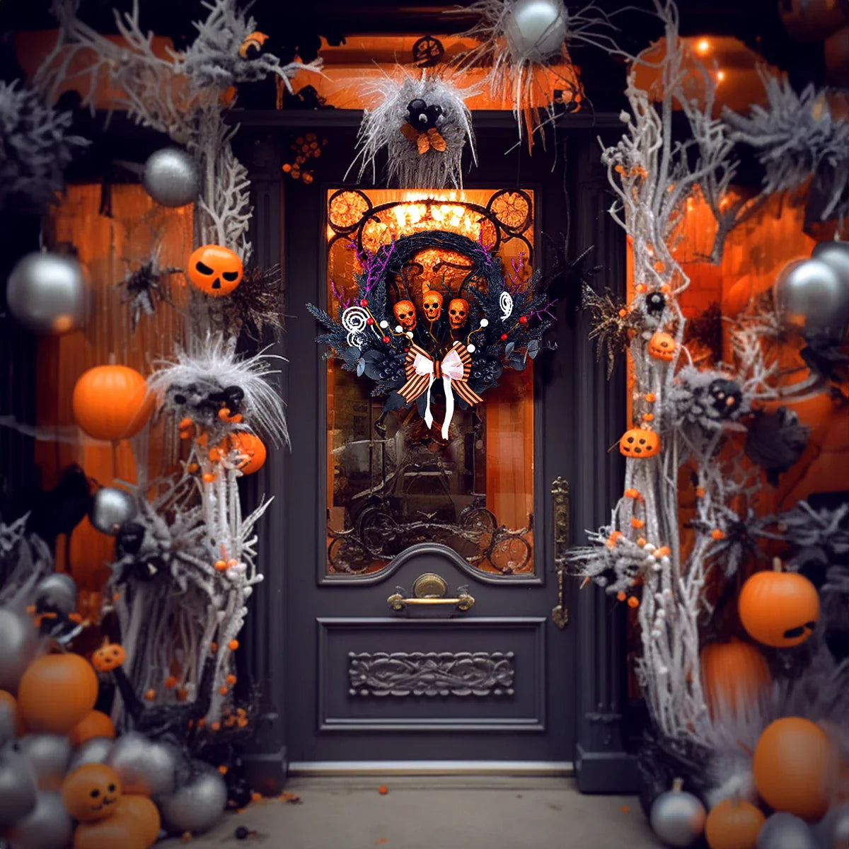 Spooktacular Halloween Skull Wreath with simulated yellow skulls, a chilling yet elegant addition to your holiday decor