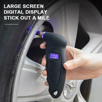 Digital tire pressure gauge with backlit LCD display, showing accurate readings in multiple units for various vehicle types.