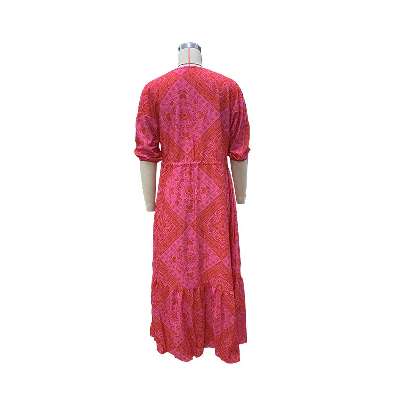 A vibrant red Bohemian-style dress with a geometric print pattern, featuring a mid-length, flattering silhouette and stretchy, comfortable Spandex fabric