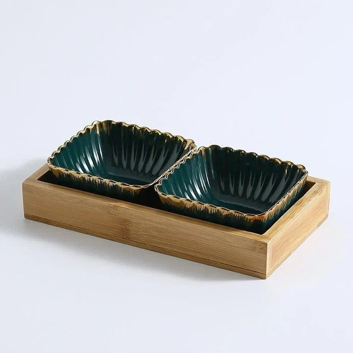 Elegant green and gold ceramic serving platter with a wood trim, perfect for hosting and elevating your dining experience.