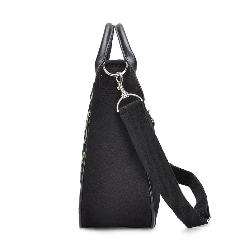 Chic spooky ghost print canvas tote bag with adjustable shoulder strap and zippered closure