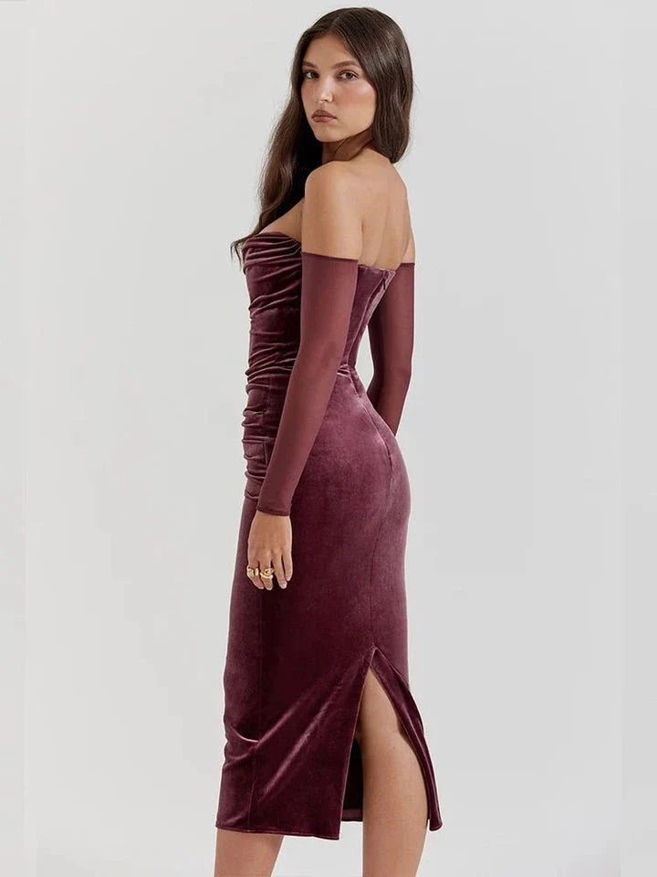 Hhomeenjoy Stunning Off-Shoulder Velvet Christmas Dress for Holiday Glamour