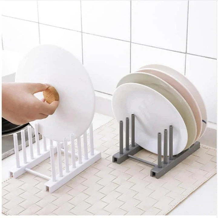 Versatile kitchen plate and lid organizer rack made of durable plastic with adjustable dividers for customizable storage