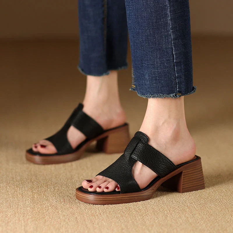 Women's Leather Peep Toe High Heel Sandals in Black, featuring genuine leather upper, sheepskin lining, and stylish square heel design