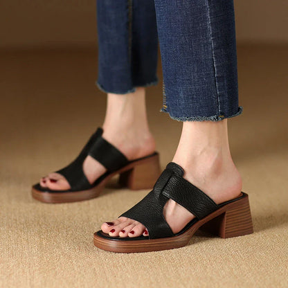 Women's Leather Peep Toe High Heel Sandals in Black, featuring genuine leather upper, sheepskin lining, and stylish square heel design