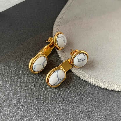 Chic marble-colored tiger eye retro earrings with geometric patterns and a removable upper round design