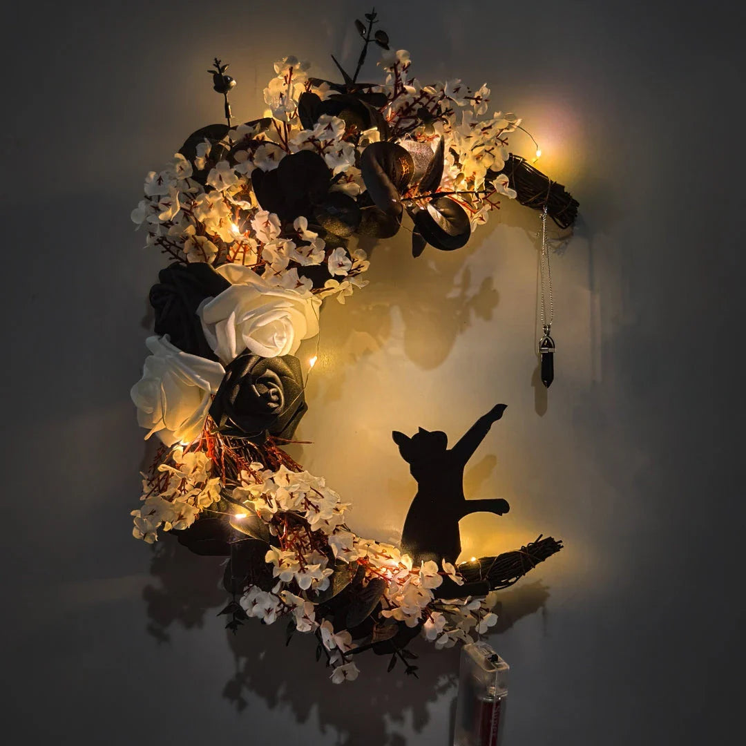 Halloween White Flower Black Rose Dried Wood Moon Cat Garland Ornaments