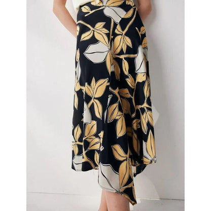 Elegant floral silk A-line skirt with mid-calf length and asymmetrical decoration for timeless style