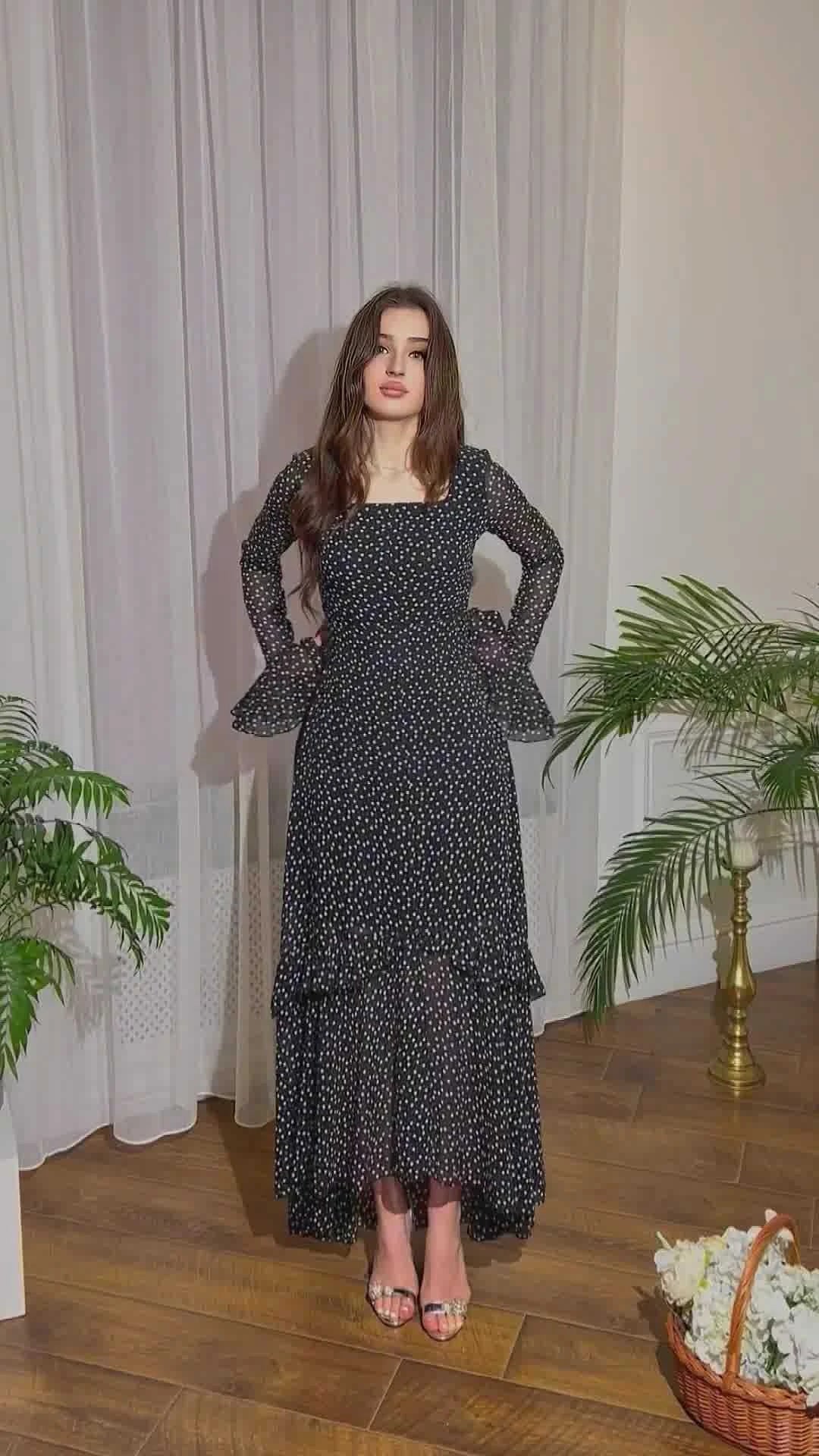 Elegant chiffon polka dot dress with flattering lotus leaf sleeves