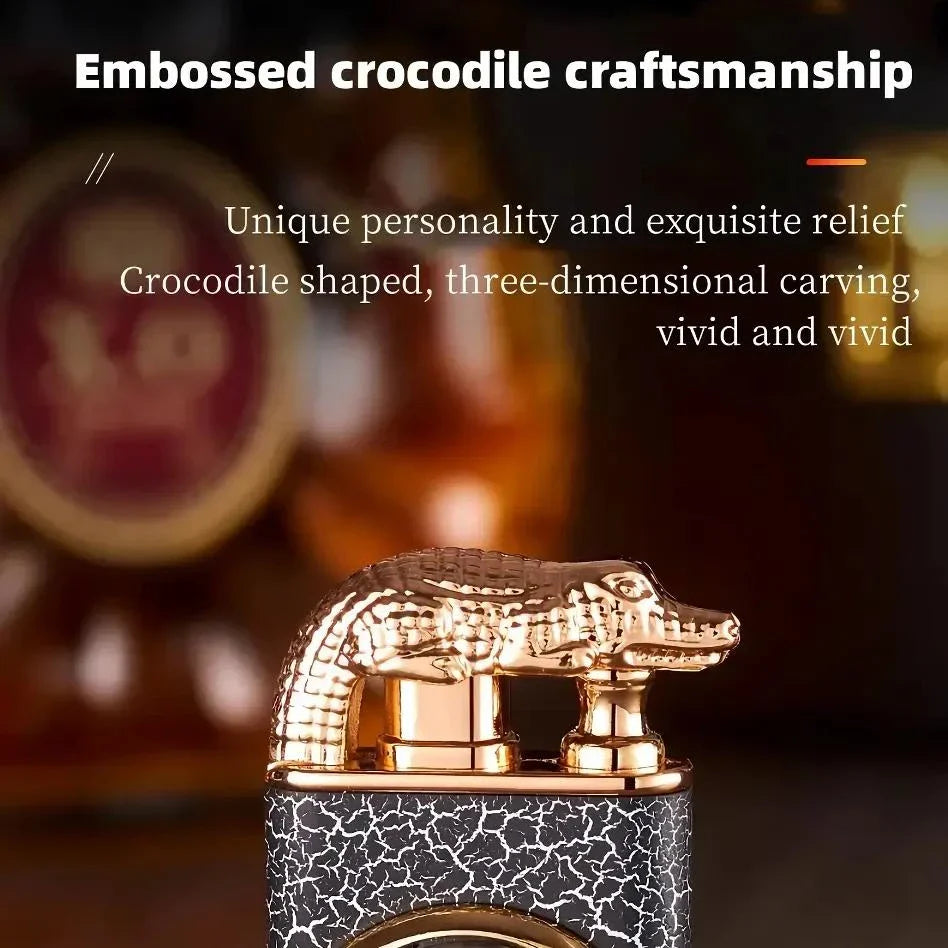 Premium dual-flame metal lighter with a distinctive crocodile head design, providing both style and functionality for outdoor and indoor use.