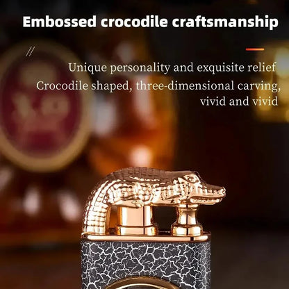 Premium dual-flame metal lighter with a distinctive crocodile head design, providing both style and functionality for outdoor and indoor use.