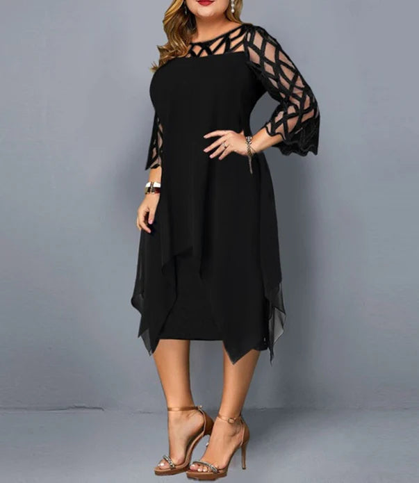 Stylish chiffon dress with lace splicing, irregular hemline, and seven-minute sleeves in black, purple, and dark green colors