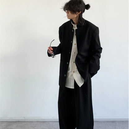 Premium casual men's Zhongshan jacket in black with stand collar design, made from durable wool blend material for sophisticated style and comfort.