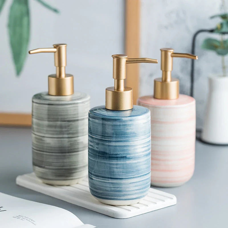 Luxury Nordic-Style Ceramic Soap Dispenser Set with smooth, glossy finish and easy-to-use press pump