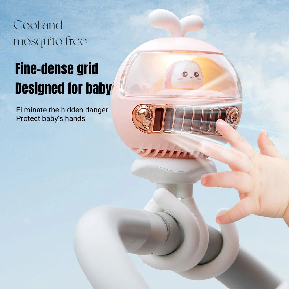 Cartoon Safety Bladeless Stroller Fan with adorable doll night light feature for keeping babies cool and comfortable