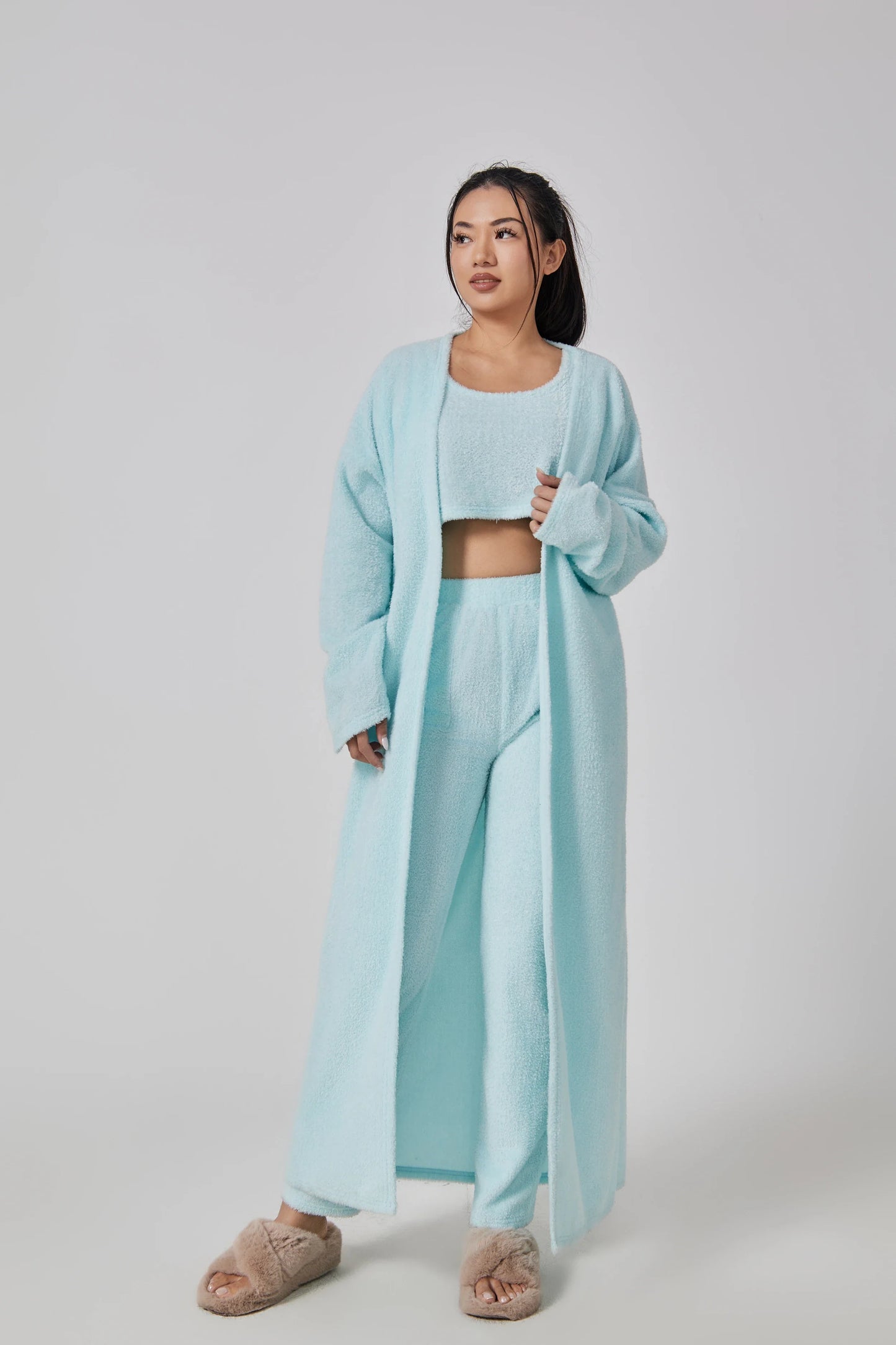 Cozy 3-piece loungewear set in pastel colors including crop top, wide-leg pants, and matching cardigan