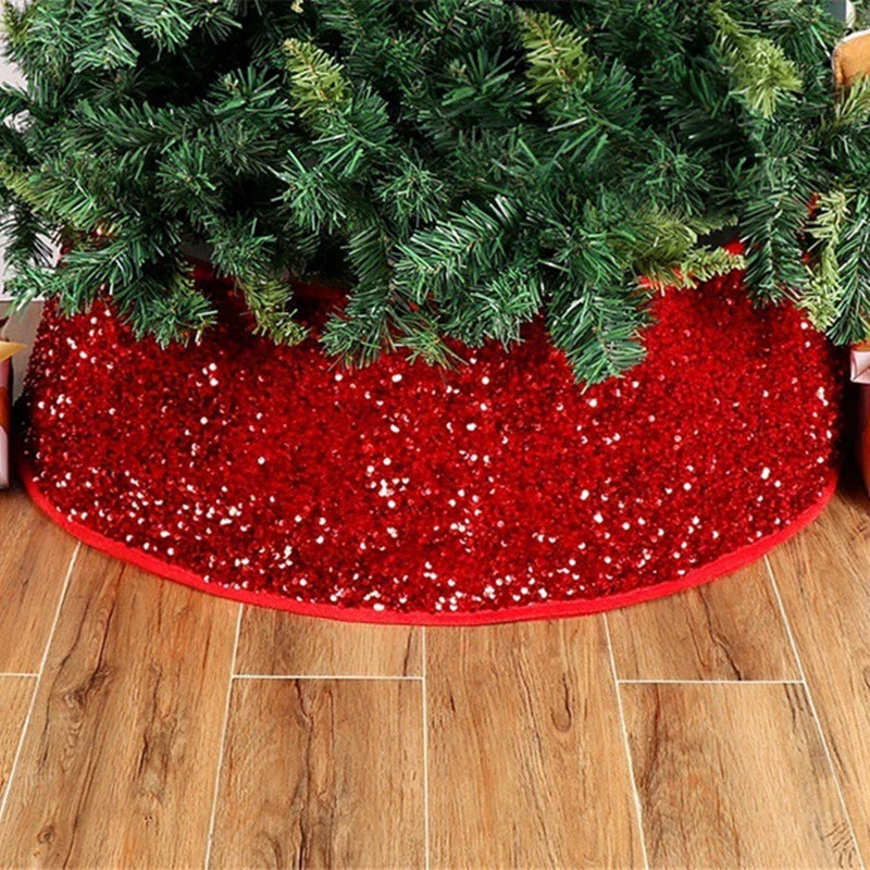 Premium red sequin Christmas tree skirt with vibrant color and shimmering design, perfect for festive holiday decor