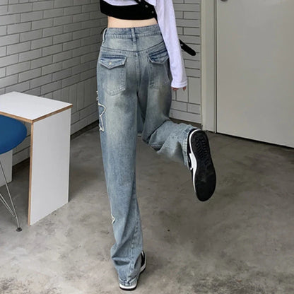 Premium embroidered high-rise straight leg denim jeans in a classic blue color