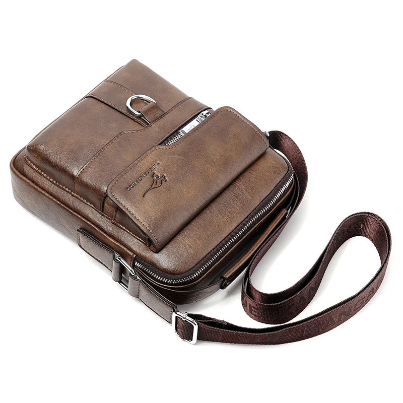 Fashionable casual men's Korean-style satchel bag made of premium PU leather with multiple compartments and adjustable strap