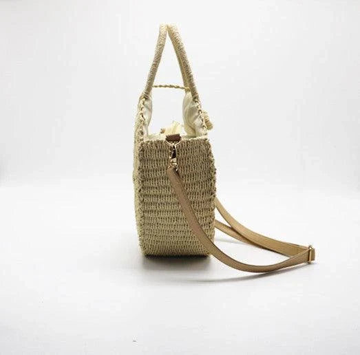 Stylish round straw woven handbag with zipper closure and comfortable carrying handle