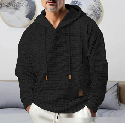Cozy hooded jacquard sweater for modern American men, available in multiple color options and sizes