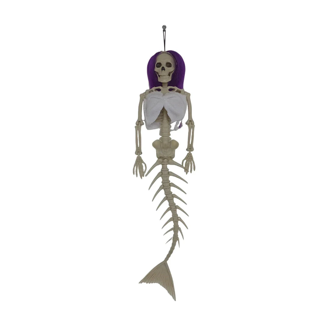 Mermaid bone pendant in various colors, including brown, dark purple, burgundy, and lake blue, hanging outdoors for Halloween decoration
