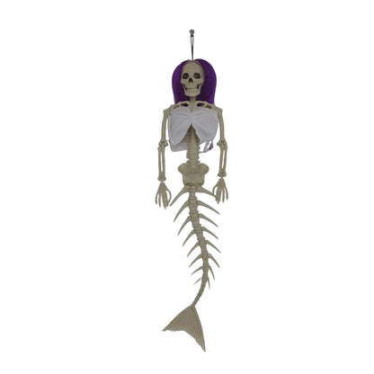 Mermaid bone pendant in various colors, including brown, dark purple, burgundy, and lake blue, hanging outdoors for Halloween decoration