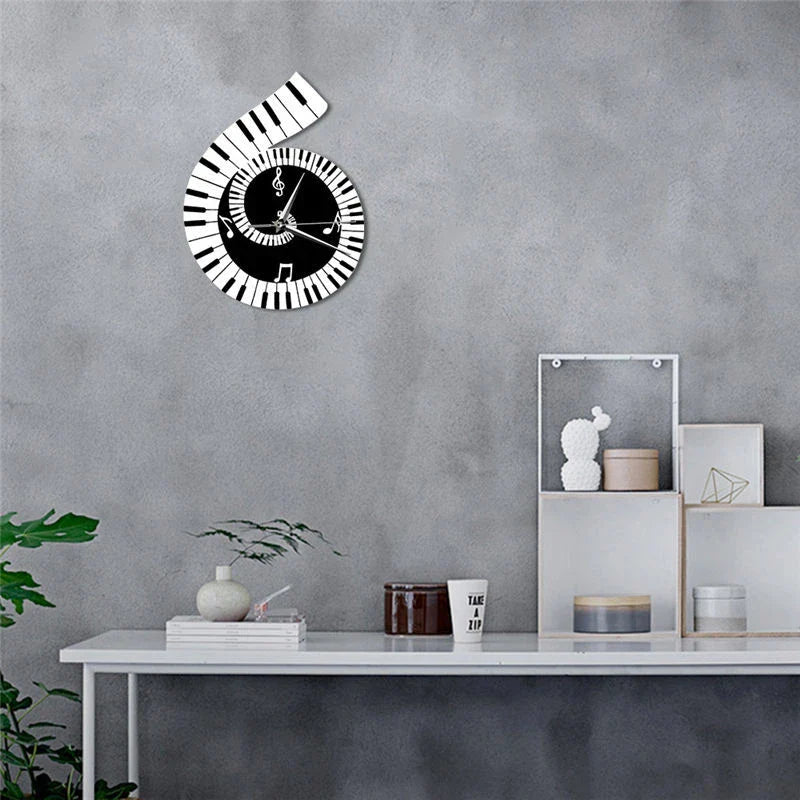 Wall clock with Treble Clef, Piano Keyboard, and Musical Notes design in black and white color