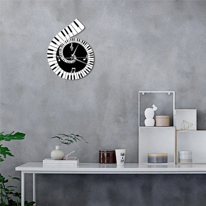 Wall clock with Treble Clef, Piano Keyboard, and Musical Notes design in black and white color